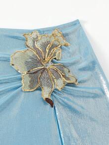 Swim Oasis Set de 3 piezas Nuevo traje de baño de verano con bikini triangular con empuje hacia arriba, bordado floral y tela brillante con lentejuelas para mujeres - Azul - Ver 5