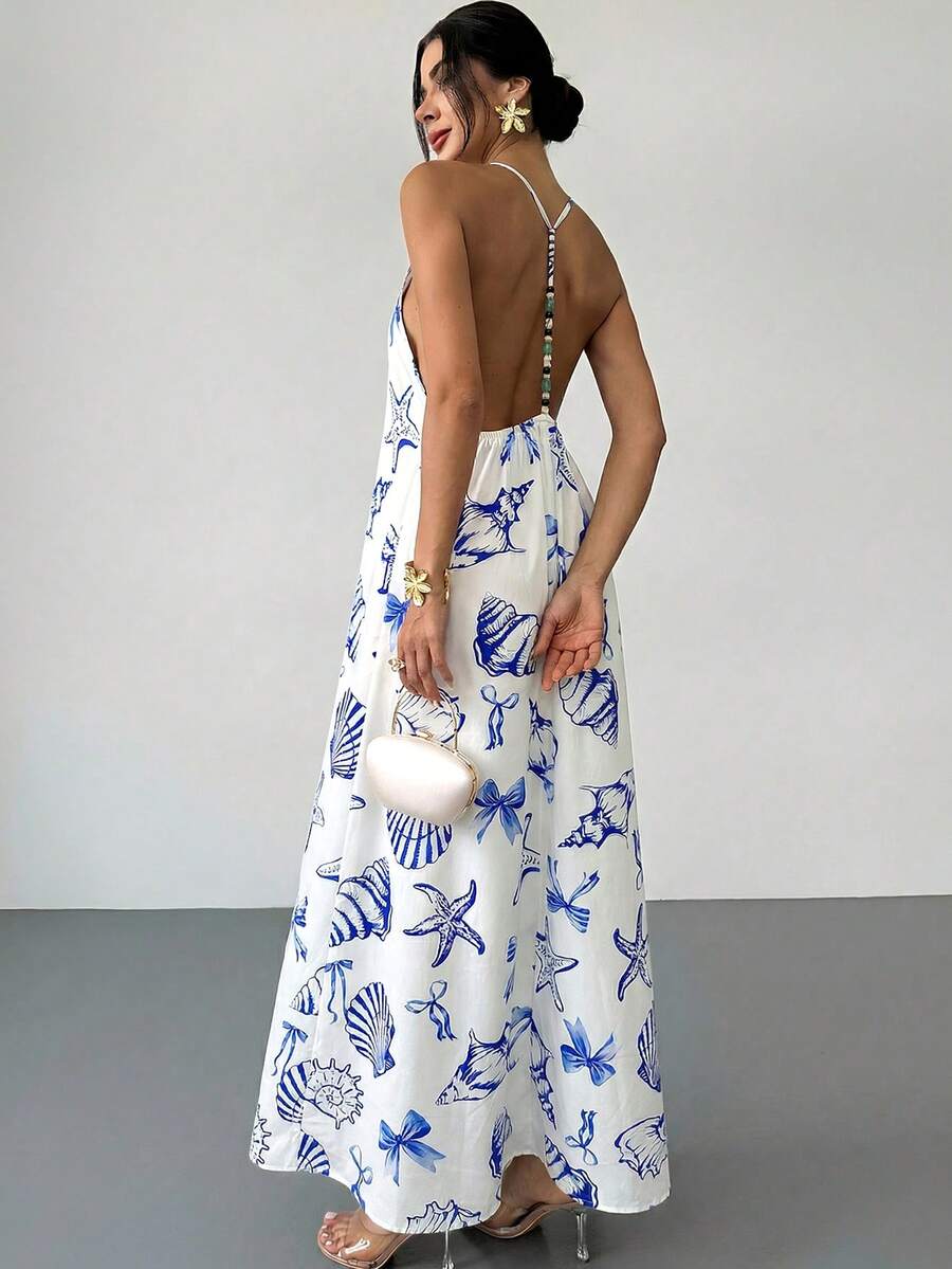 Firerie Women's New V-Neck Backless Beaded Strap Maxi Dress With Blue & White Shell Pattern, Casual Vacation Long Dress, Backless Beaded Design, Loose A-Line Maxi Dress, Spring/Summer Clothing, Casual, Boho, Vacation, Bohemian, Beach, Hawaii - Blue and White - View 1