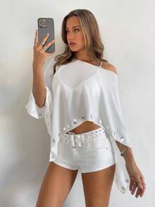 Aloruh Women's Spring/Summer New Chiffon Studded Asymmetric Wrap Shirt - White - View 7