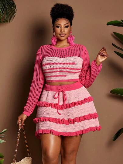 Maweii 大码两件套毛衣套装，上衣+迷你裙，长袖套头衫，迷你蓬蓬裙，粉色和玫瑰红，镂空设计，性感，优雅，修身，适合圣诞节、新年、夏季、度假、派对、Y2K风格毛衣、冬季、春秋季穿着。