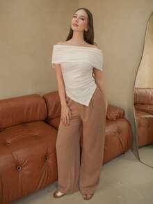 Áo thun nữ cổ cao trễ vai, viền xếp nếp, cổ vuông ôm sát, mùa xuân/hè - Màu be - Xem 1