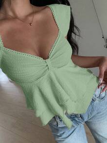 SHEIN EZwear 女士纹理针织荷叶边下摆甜心领短袖优雅T恤，锐舞上衣 - 薄荷綠 - 查看 2