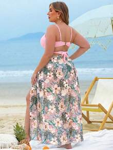 Swim Vcay Plus Size 3pcs Padded Ruched Printed Swimwear Set, Beach Holiday Style - Multicolor - View 2