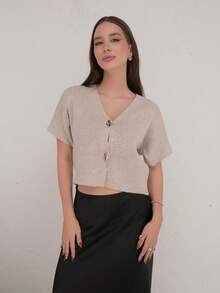 Duda Rubert New Minimalist Fashionable Office Commute Deep V-Neck Short Sleeve Slim Fit Buttoned Cardigan, Versatile Casual,Knitted Sweater In Fall/Winter - Khaki - View 3