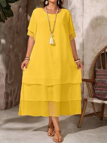 EMERY ROSE Plus Size Casual Dress, White Round Neck Unbutton Asymmetrical Flowy Hem, Bohemian Style, Suitable For Spring & Summer - Pale Yellow - View 4