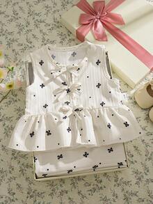 Souflis Souflis 2pcs Baby Girls' Milky White Delicate Black Print Sleeveless Ruffled Collar Shirt With Bow Decor And Elastic Waist Pants Set, Comfortable And Cute For Spring, Summer And Autumn Baby Girls Elegant Outfit Baby Girls Summer Outfit Sleeveless Top And Pants Set - White - View 6