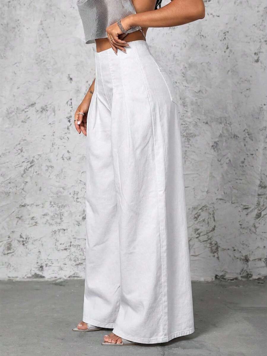 Selenza Women's Pleated Casual Versatile Daily Wear Wide Leg Jeans - White - View 1