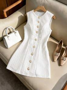 SHEIN Franclia 女士圆领单排扣时尚休闲通勤迷你连衣裙 - 白色 - 查看 3