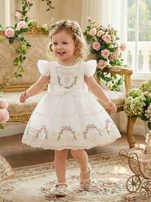 Glamorique Kids Baby Girls' Embroidered Lace Tulle Dress With Bow Decor, Puff Skirt, High-End Satin Baby Birthday Party Dress For Wedding, Travel, Banquet, Party Summer Elegant Baby Dress Elegant Toddler Dress Baby Garden Dress - Beige - View 1
