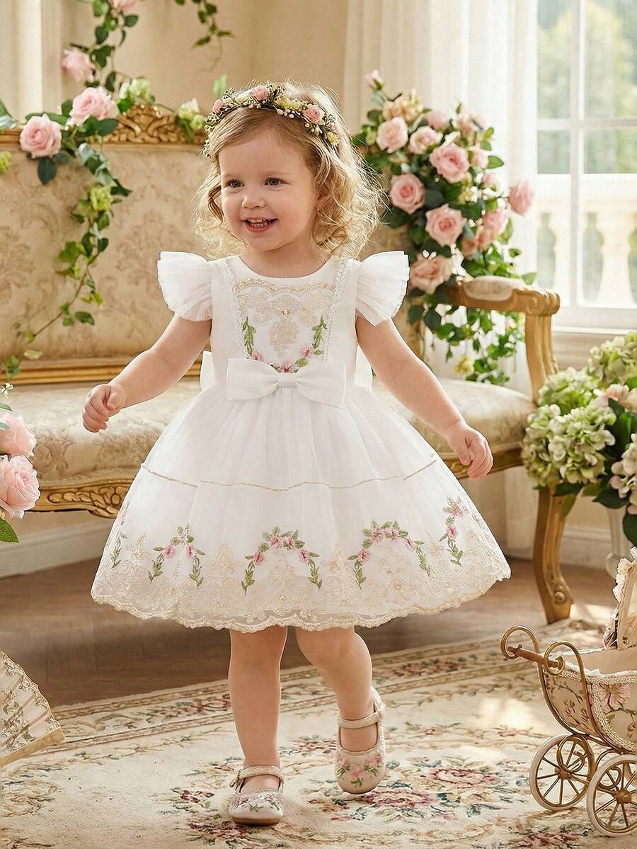 Glamorique Kids Baby Girls' Embroidered Lace Tulle Dress With Bow Decor, Puff Skirt, High-End Satin Baby Birthday Party Dress For Wedding, Travel, Banquet, Party Summer Elegant Baby Dress Elegant Toddler Dress Baby Garden Dress - Beige - View 1