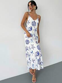 Firerie Women's New V-Neck Backless Beaded Strap Maxi Dress With Blue & White Shell Pattern, Casual Vacation Long Dress, Backless Beaded Design, Loose A-Line Maxi Dress, Spring/Summer Clothing, Casual, Boho, Vacation, Bohemian, Beach, Hawaii - Blue and White - View 3