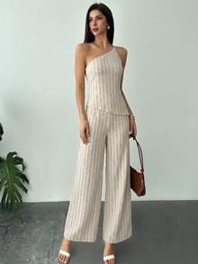 Firerie Nuevo conjunto elegante de vacaciones de primavera/verano de top de lino beige con un hombro, espalda descubierta, cintura fruncida y bajo asimétrico, y pantalones largos de cintura alta de lino. Conjunto de 2 piezas - Albaricoque - Ver 6