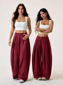 SHEIN PETITE Pantalones casuales de verano con estilo vintage para mujer, pantalones anchos con dobladillo curvo en color verde militar para salir - Burdeos - Ver 7