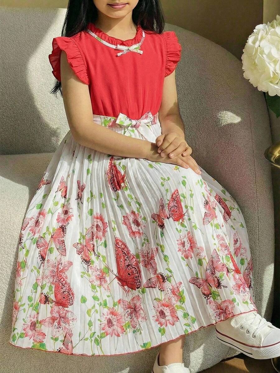 Sparklyn Tween Girls Elegant Vacation Bow Print Pleated Dress - Red - View 1