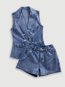 GlowEve 女士休闲牛仔套装，翻领无袖上衣搭配带口袋短裤 - 藍色 - 查看 1