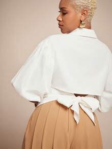 Vixey 纯色系带后领纽扣长袖上衣 - 白色 - 查看 2