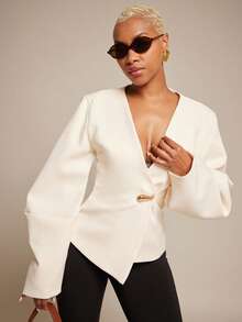 Vixey 纯色纹理编织茧型袖单扣西装外套 - 杏色 - 查看 5