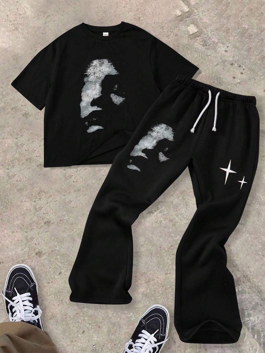 SHEIN Bolty 2025 Y2K 街头风青少年男童两件套 - 超大印花T恤和喇叭裤，朋克涂鸦，返校季，Z世代嘻哈复古运动套装，适合春夏男童嘻哈服饰，青少年男童服装套装，酷炫青少年男童套装，Y2K 男童服装套装