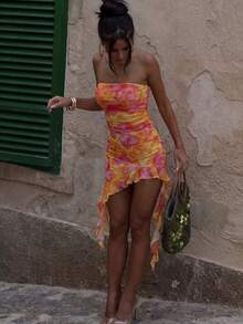 Bonvoyette 3pcs/Set Summer Holiday Beach Random Print & Mesh Print Bandeau Bikini Top, High Cut Bottoms And Bandeau Dress Sexy Women Swimwear Set - Multicolor - View 4