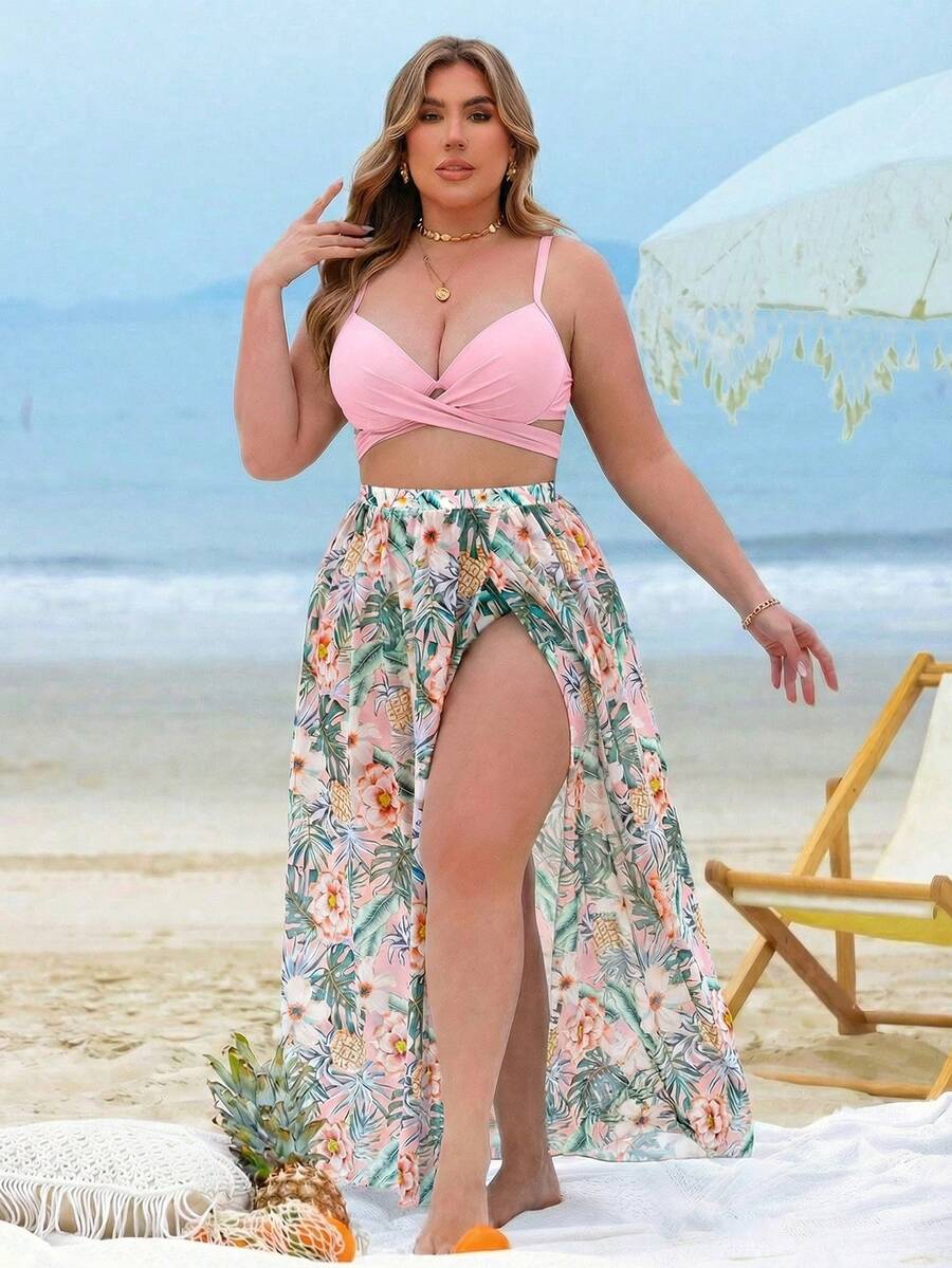 Swim Vcay Plus Size 3pcs Padded Ruched Printed Swimwear Set, Beach Holiday Style - Multicolor - View 1