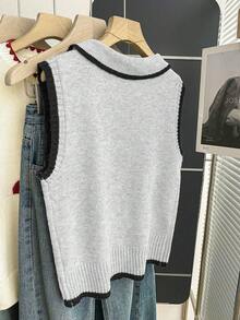 Franclia Oatmeal Grey Knit Vest,Polo Collar Contrast Trim Half-Button Slim Fit Soft Ribbed Sweater For Autumn,Casual School Back-To-School Layering Piece - Light Grey - View 2