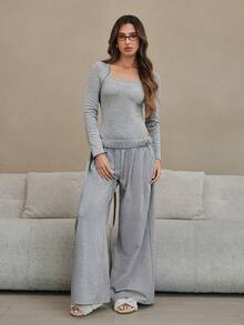 SHEIN 女士休闲纯色方领长袖修身连体裤，春秋季 - 淺灰色 - 查看 5