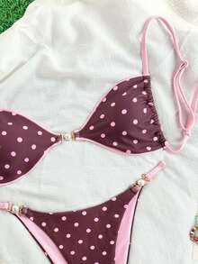 Swim Mod 2026春夏可调节细肩带紫色底粉色波点随机印花珍珠扣装饰高腰丁字裤比基尼泳衣两件套，适合海滩摄影 - 彩色 - 查看 3