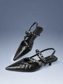 CUCCOO GRLICON Yellow Rhombus Pointed Metal Double Buckle With Kitten Heel Women's Shoes - Black - View 3