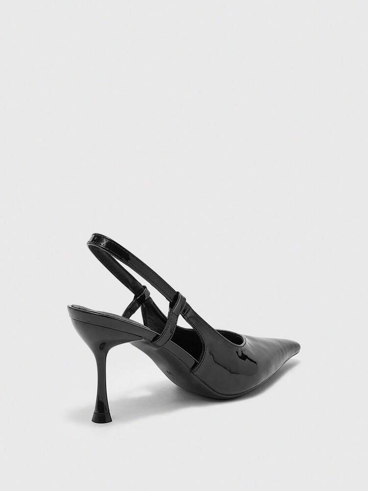 CUCCOO BIZCHIC Women's Pointed Toe Black Patent Leather Metal Buckle Fashionable Sexy Versatile Date Night Wear Backstrap Pointed Toe Stiletto High Heel Sandals Spring Shoes