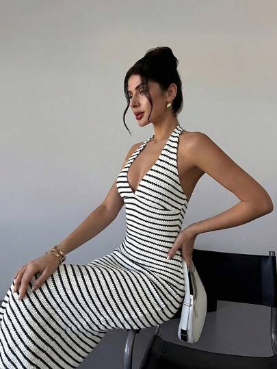 Firerie Women's New Romantic V-Neck Sleeveless Textured Bodycon Maxi Dress, V-Neck Striped Camisole Dress,Knit Jacquard Textured Casual Dress, Versatile Summer Outfit. Holiday Outfits For Women, Diagonal White  And Black StripesElegant For Valentine's Day Date, Mother' Day,Summer Dresses ,Spring/Summer