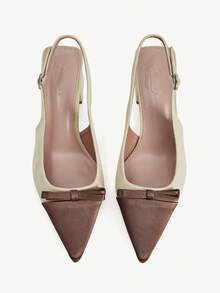 CUCCOO CHICEST 女士鞋履 春夏新款 蝴蝶结装饰 尖头纽扣露跟粗跟 6.2cm 女士高跟鞋 优雅麂皮拼接纯色女士鞋 通勤派对 - 米色 - 查看 2