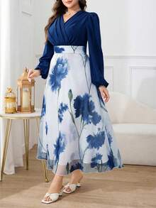 Vestido de talla grande para mujer 2026 de nuevo estilo elegante con estampado floral, mangas de farol y cintura ceñida, estilo resort - Azul - Ver 5