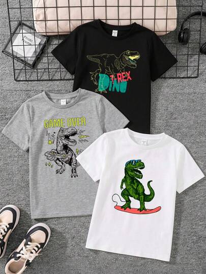 Paquete de 3 Camisetas para niños de 4 a 12 años de 100% algodón con manga corta y cuello redondo, prenda de excelente calidad, cómoda y suave al tacto, con diseño estampado de dinosaurios, T rex, dinosaurio rex, videojuegos, gamer
