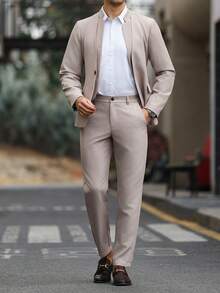 Manfinity Mode Set de costum casual pentru bărbați, cu mânecă lungă și un singur nasture, culoare solidă, jachetă și pantaloni - Moca Brown - Vizualizare 3