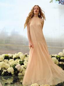 MOTF PREMIUM PLEATED POLKA DOT LACE SLEEVELESS DRESS, SPRING/SUMMER - Apricot - View 5