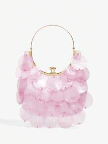 Ladies, Women Top Handle Bags, Fashionable, Elegant, Simple, Personalized, Versatile, Shell Pieces, Metal Handles, For Beach, Vacation, Holiday, Summer - Tropical Pink - View 2
