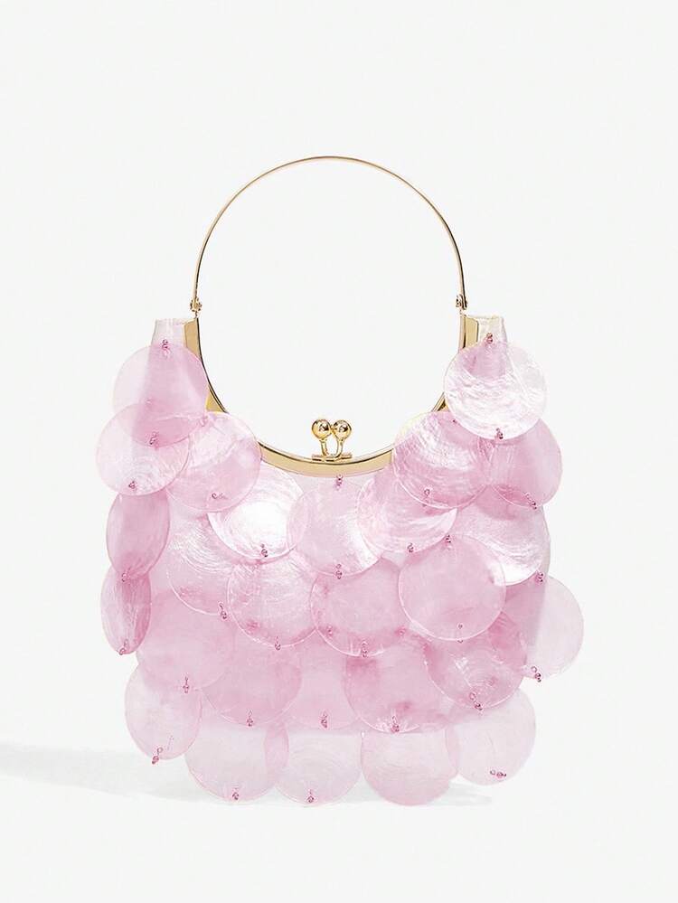 SHECARRY Ladies, Women Top Handle Bags, Fashionable, Elegant, Simple, Personalized, Versatile, Shell Pieces, Metal Handles, For Beach, Vacation, Holiday, Summer - Tropical Pink - View 2