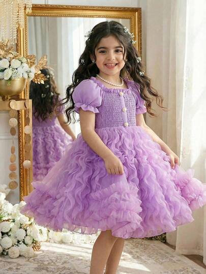 Girls' Sweet & Elegant Lavender Short Sleeve Dress, Spring/Summer Puff Sleeve Ruffle Hem + Pearl Button Decor Wavy Skirt, Suitable For Daily Wear, Party, Gathering
