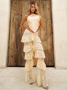 Y2k 女士 V 字腰带西部派对层叠荷叶边蕾丝低腰长裤 - 米色 - 查看 5