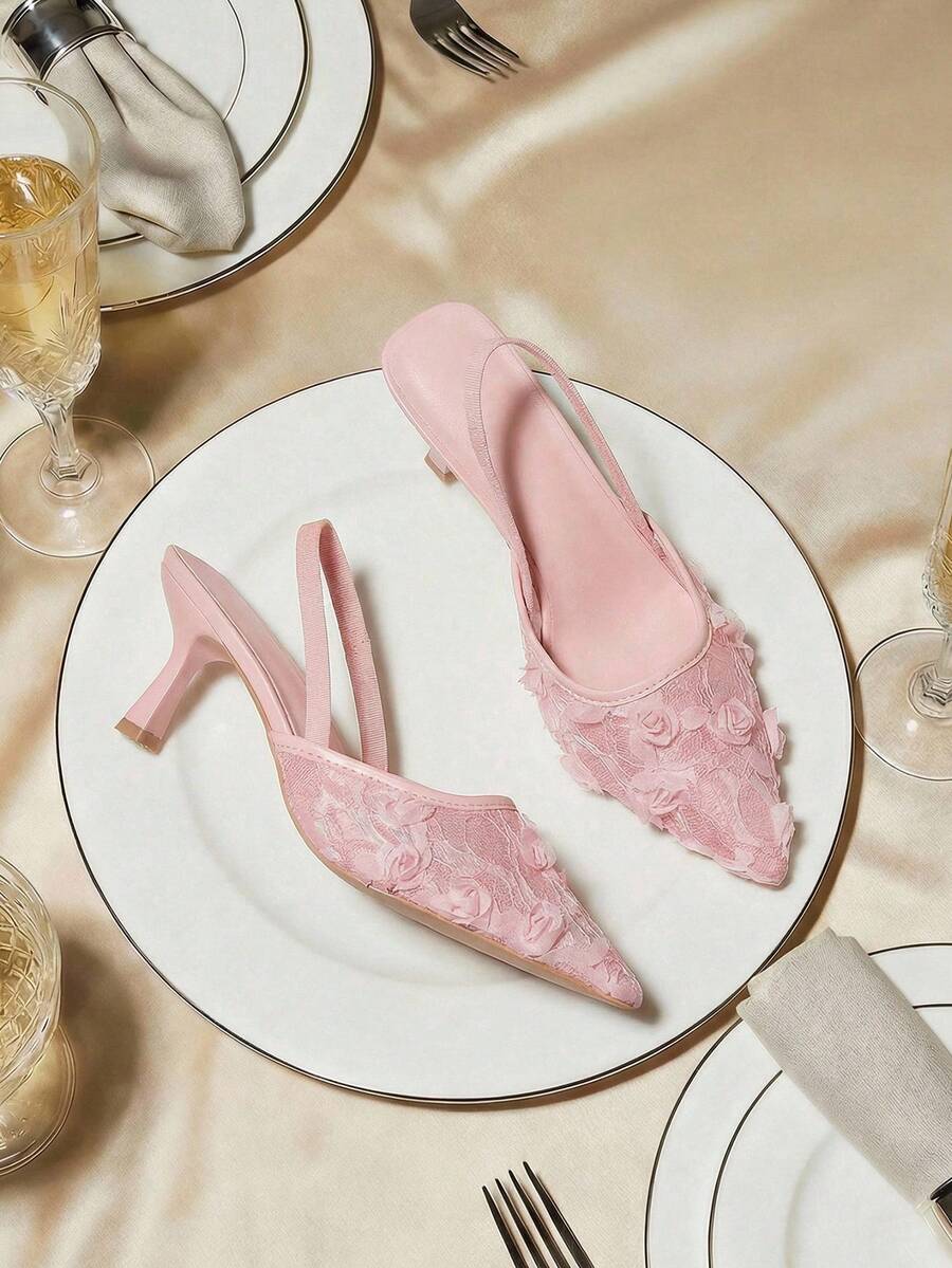Women's 2-Way Wear Mesh Floral Closed Toe Sandals, 7cm Stiletto High Heel Pointed Toe Roman Casual Slip-On Shoes, Elegant Ankle Strap Pumps