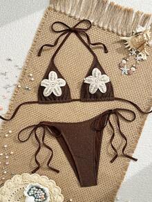 Bonvoyette 夏季新款欧美性感露背系带甜美少女分叉泳衣，小胸显瘦纯色杏色网纱面料性感时尚比基尼，配3D珍珠海星钩编配饰，适合海滩、度假村、水疗中心、蜜月、休闲度假等场合，波西米亚风复古泳装，海星比基尼，假日风情 - 棕色 - 查看 2