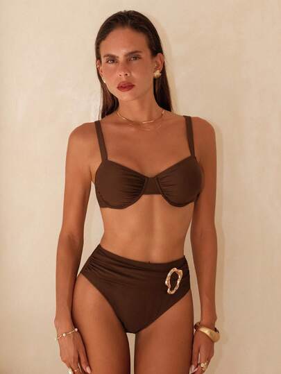 Swim Chiccia Conjunto de bikini de mujer para vacaciones de verano en la playa, de color caqui sólido, con aros, relleno extraíble y hebilla decorativa dorada