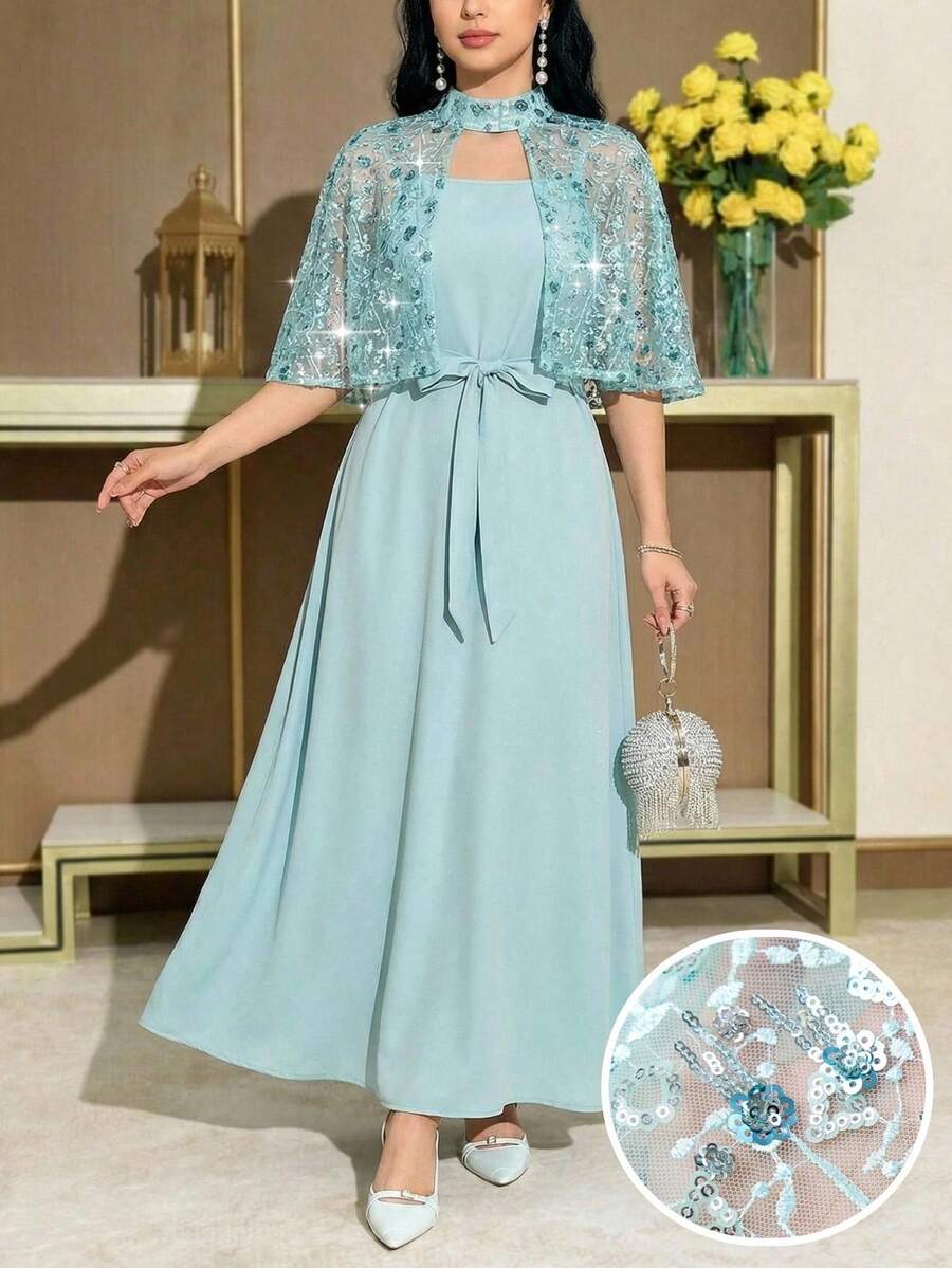 Modelyn Vestido de estilo árabe con chal de malla con lentejuelas elegante para fiesta de mujer - verde menta - Ver 1