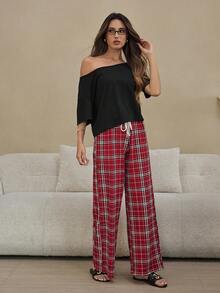 HautHeat Conjunto de pijama con top de manga corta de cuello asimétrico de unicolor y pantalones largos estampados a cuadros para mujer - Café integral - Ver 4
