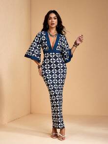 JIAN LASALA Đầm maxi ôm sát người nữ, in họa tiết toàn thân, phối màu khối, cổ chữ V sâu, tay loe, phong cách boho thường ngày thanh lịch. - Nhiều màu - Xem 4