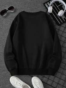 Men's Casual Round Neck Sweatshirt With Lettering Graphic For Fall And Winter, Long Sleeve Top - Black - View 2