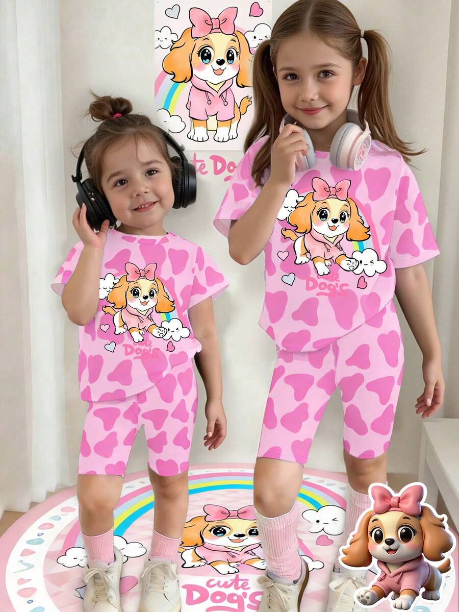 春夏少女休闲时尚创意个性清新可爱卡通小狗爱心彩虹爱心粉色蝴蝶结字母印花休闲T恤和骑行短裤套装，舒适日常穿着，温暖的夏秋款式，适合少女日常运动装扮。 - 彩色 - 查看 1
