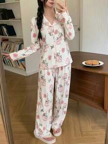 Tween Girls 2 Pieces Pajama Set,Pink Floral Rose Print Elegant Autumn Nightwear,Long Sleeve Button Front Top & Pants,Cozy Home Sleepwear Gift,Sleep - Apricot - View 8