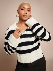 Vixey Black White Stripe Pointed Collar V Neck Boxy Drop Shoulder Sweater - Black and White - View 3