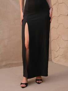 Đầm dài ôm sát gợi cảm xẻ cao, dây chéo, buộc eo, thích hợp cho phụ nữ dự tiệc. - màu đen - Xem 5